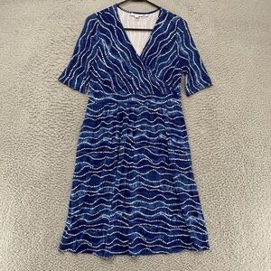 Chico's Dress Womens S Blue Batik Jersey Fit Flare Faux Wrap Pockets Knee Length